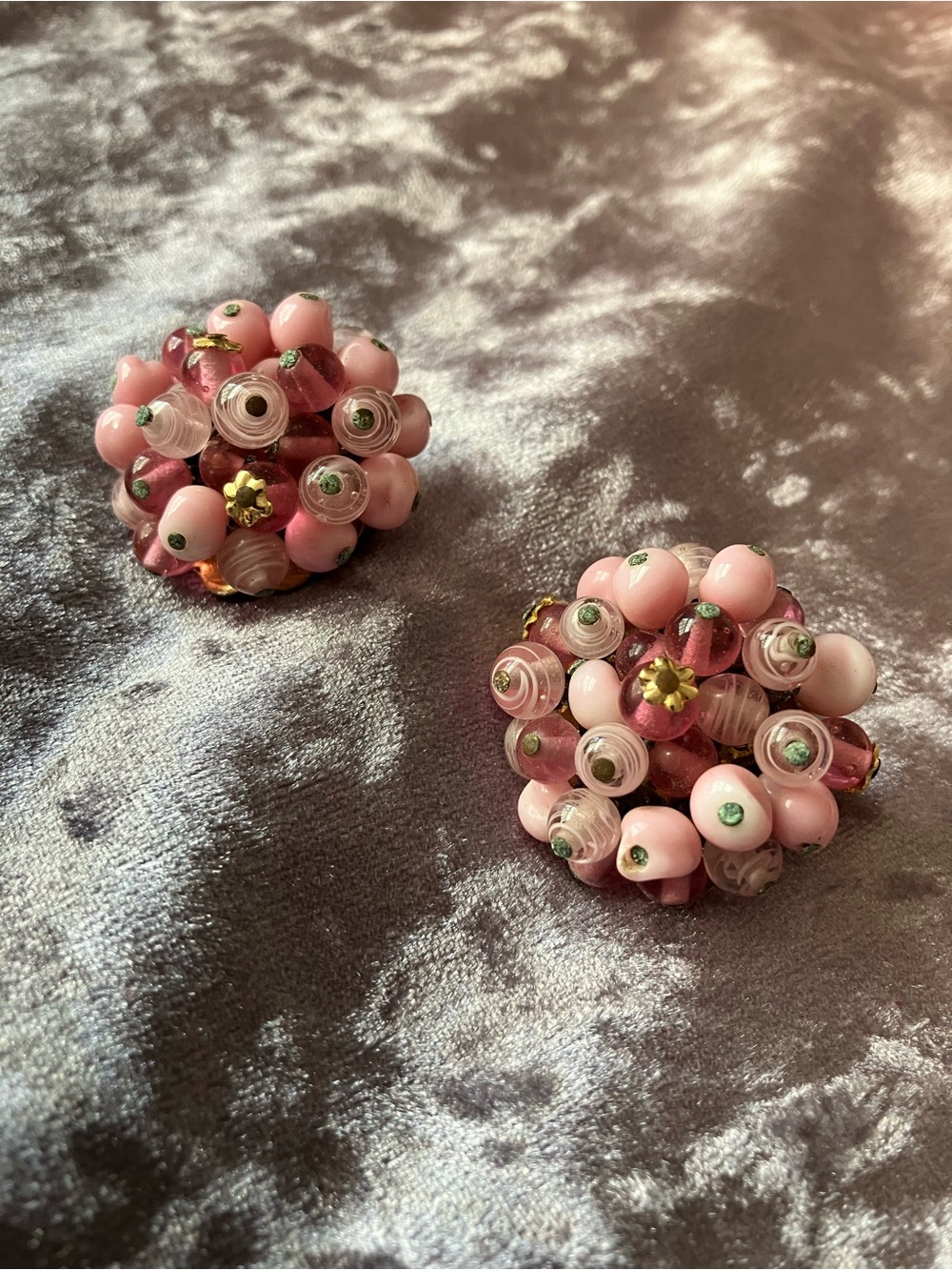 Vintage Cluster Pink Bead Clip-On Earrings - stamped “Japan”